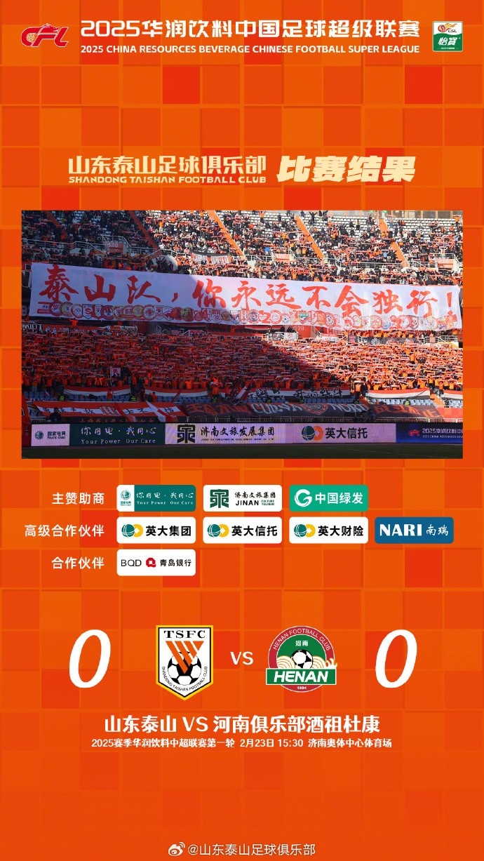  中超首戰(zhàn)，泰山隊(duì)雖未取勝，但全隊(duì)展現(xiàn)出了頑強(qiáng)的拼搏精神